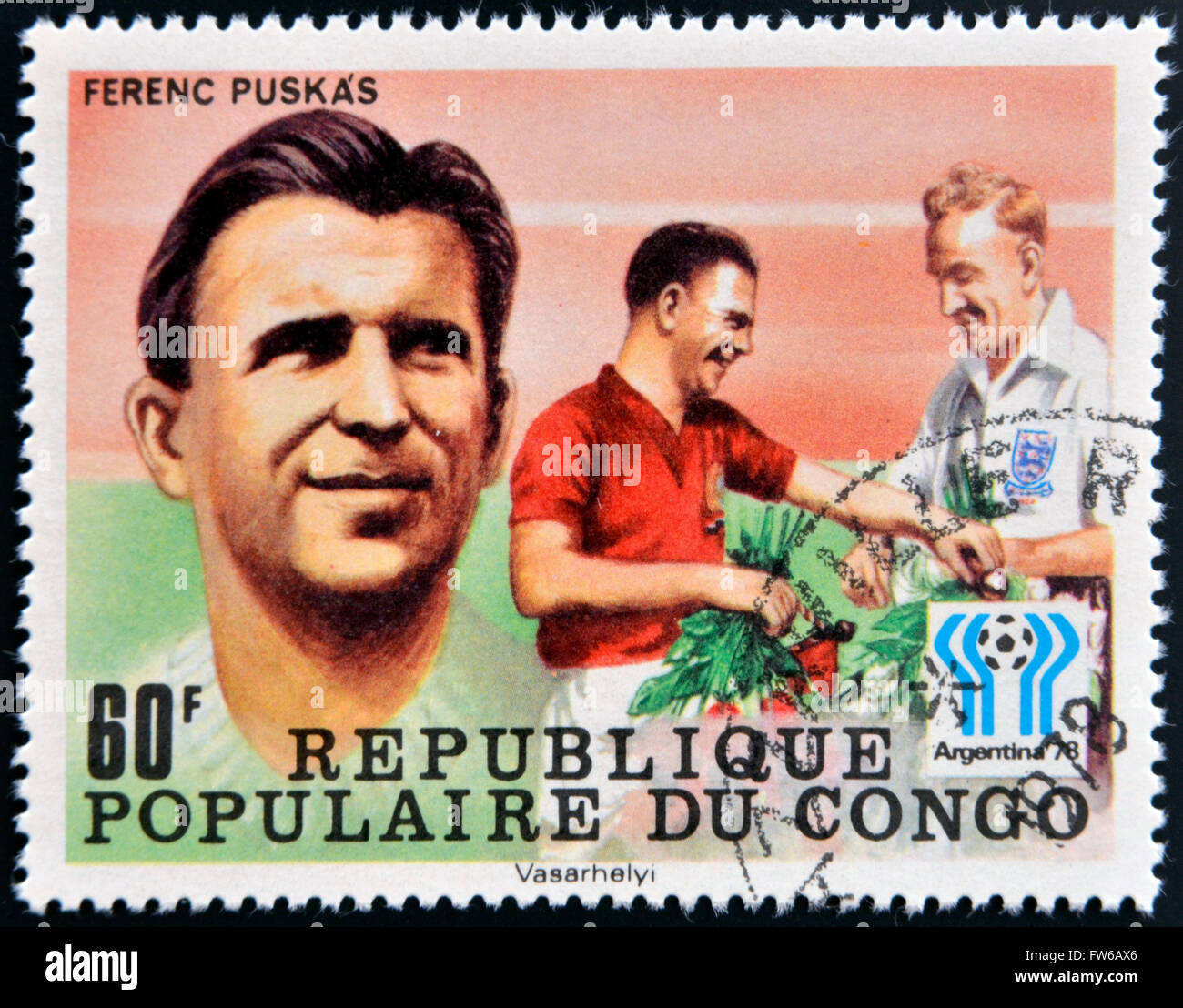CONGO - CIRCA 1978: A stamp printed in Congo dedicated to the World Cup in Argentina 1978, shows Ferenc Puskas, circa 1978 Stock Photo