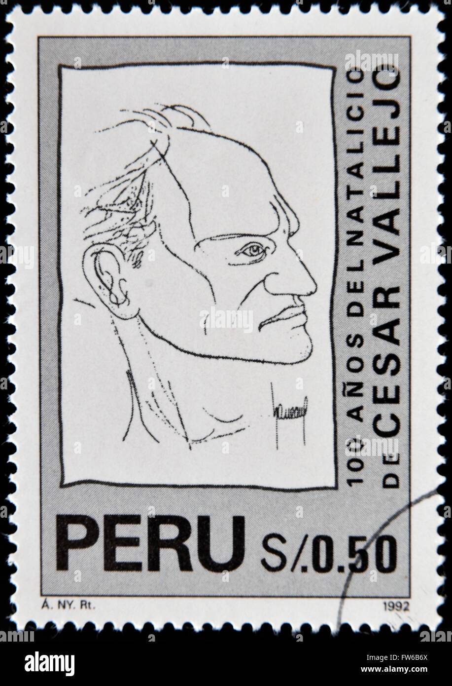 PERU - CIRCA 1992: A stamp printed in Peru shows Cesar Vallejo, circa 1992 Stock Photo