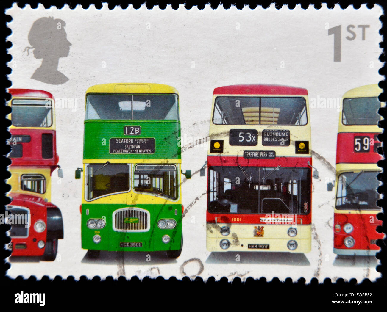 UNITED KINGDOM - CIRCA 2001: A stamp printed in Great Britain shows Bristol Lodekka FSF6G, Leyland Titan PD3/4, Leyland Atlantea Stock Photo