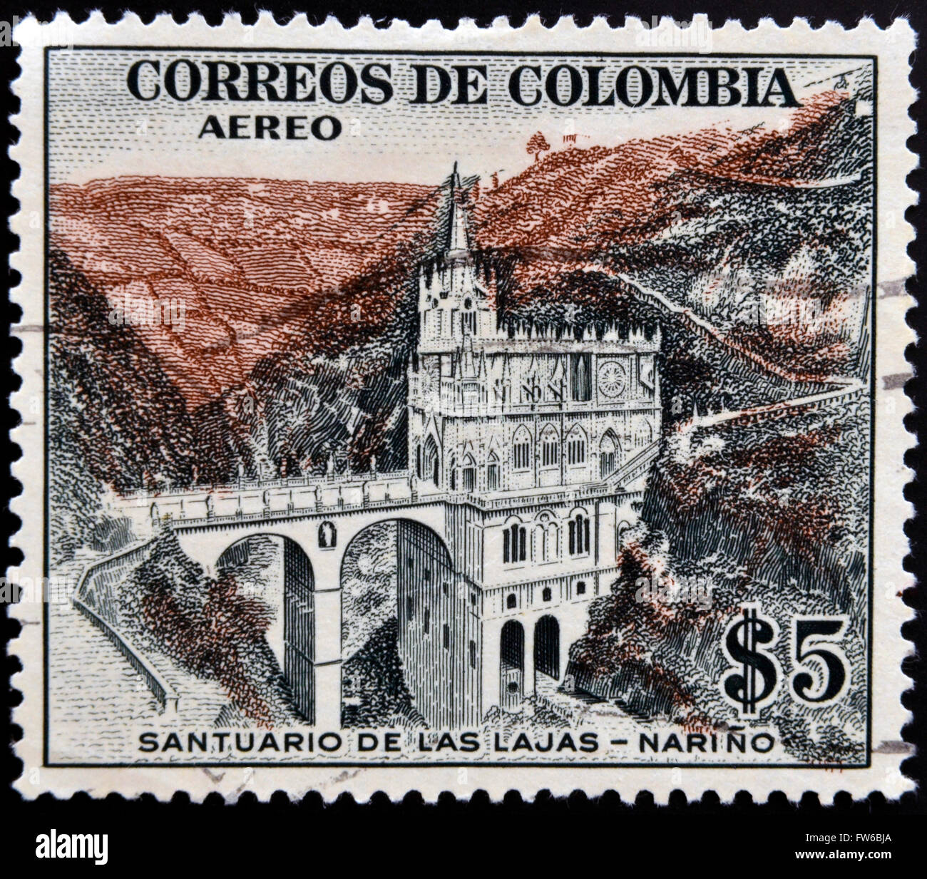 COLOMBIA - CIRCA 1980: A stamp printed in Colombia shows Santuario de las Lajas, Narino, circa 1980 Stock Photo