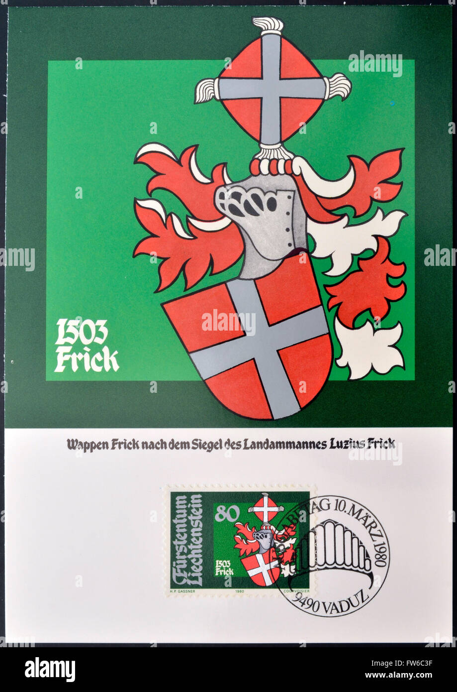 LIECHTENSTEIN - CIRCA 1980: A stamp printed in Liechtenstein  shows Arms of Luzius Frick, circa 1980 Stock Photo