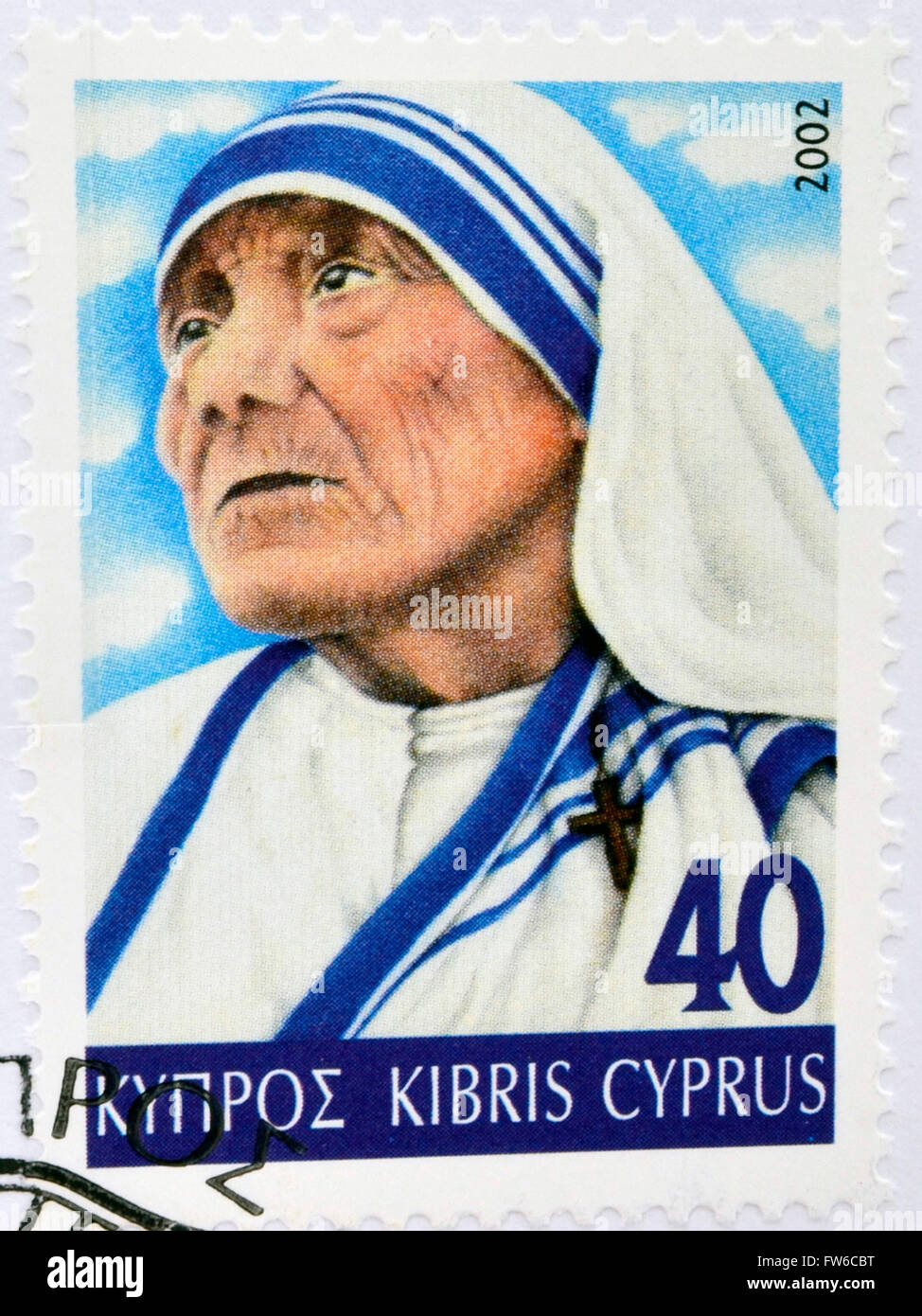 CYPRUS - CIRCA 2002: A stamp printed in Cyprus shows Mother Teresa of Calcutta, circa 2002 Stock Photo