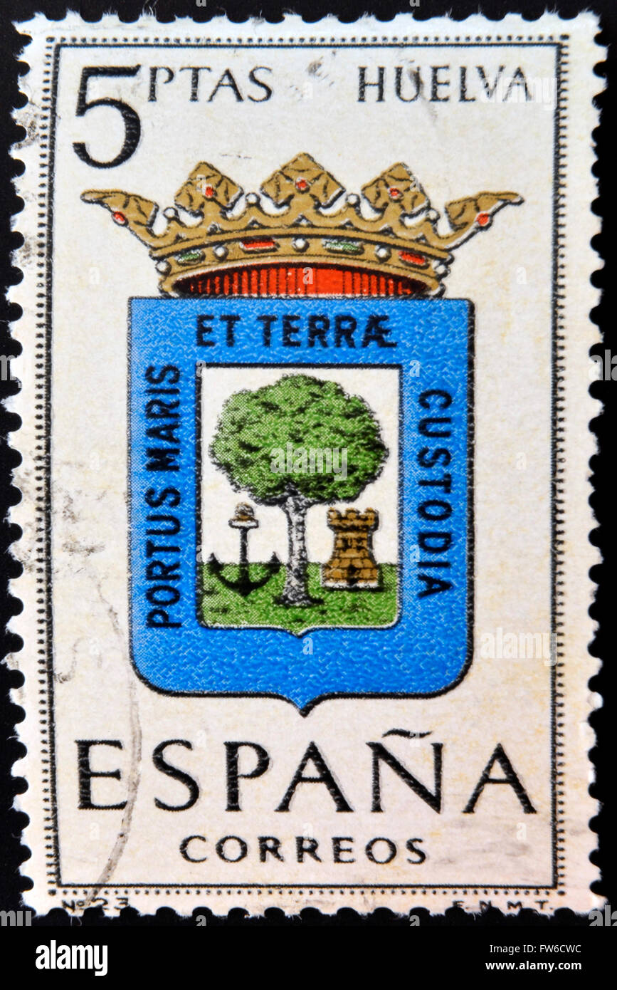 SPAIN - CIRCA 1965: A stamp printed in Spain dedicated to Arms of Provincial Capitals shows Huelva, circa 1965. Stock Photo
