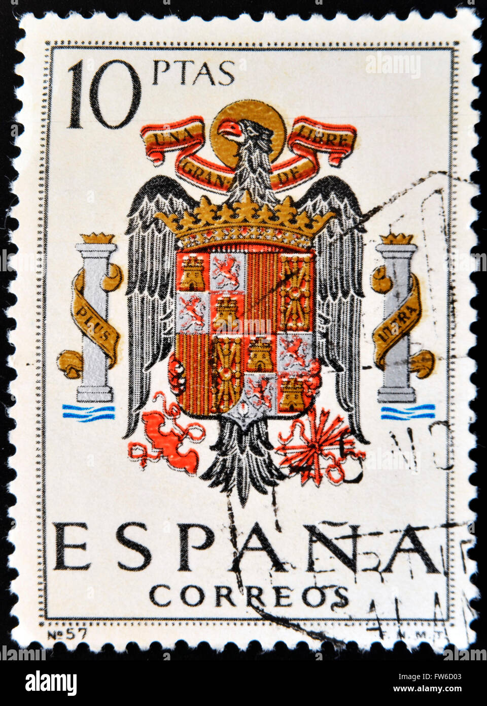 SPAIN - CIRCA 1965: A stamp printed in Spain shows shield of Spain during the Franco dictatorship, circa 1965. Stock Photo