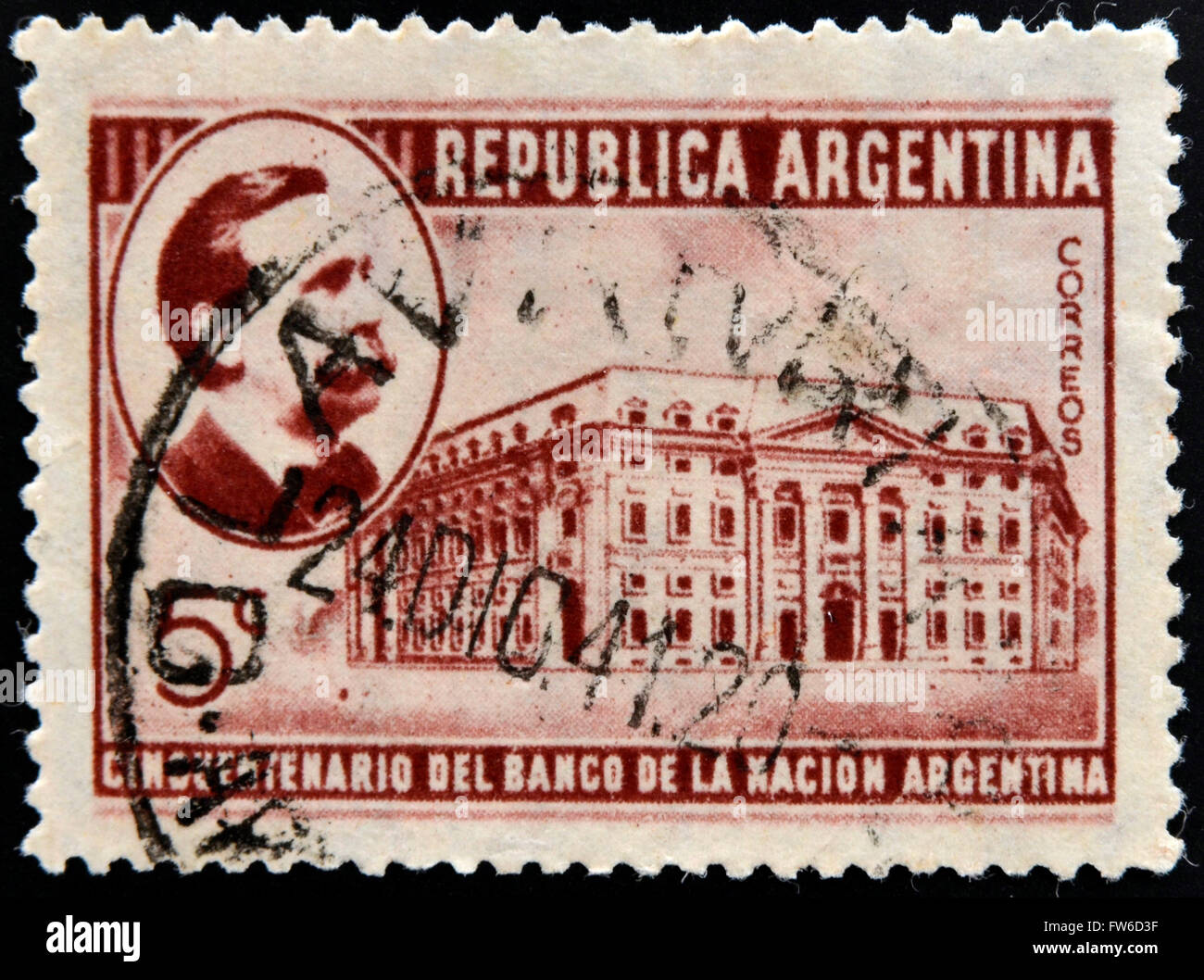 ARGENTINA - CIRCA 1941: a stamp printed in Argentina shows Carlos Pellegrini and Bank of the Nation, 50th Anniversary of the Fou Stock Photo