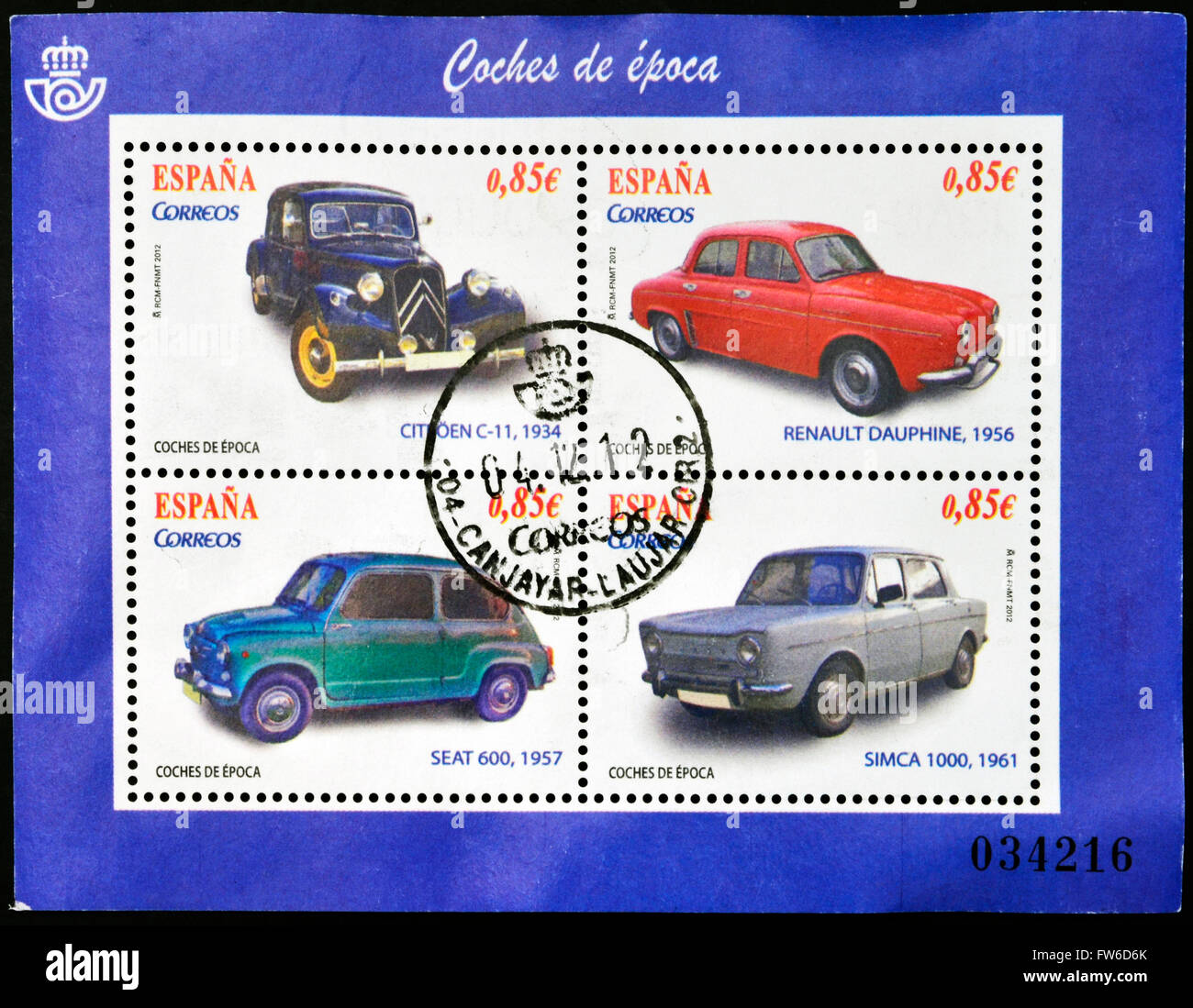 SPAIN - CIRCA 2012: Stamps printed in Spain shows vintage car, circa 2012 Stock Photo