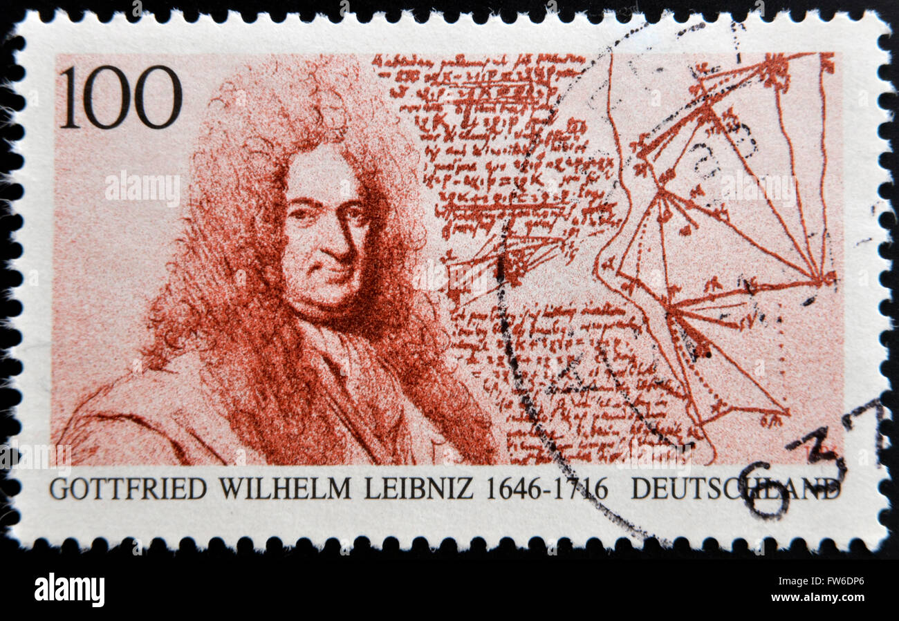 GERMANY - CIRCA 1996: A stamp printed in Germany shows Gottfried Wilhelm Leibniz, philosopher and mathematician, circa 1996 Stock Photo