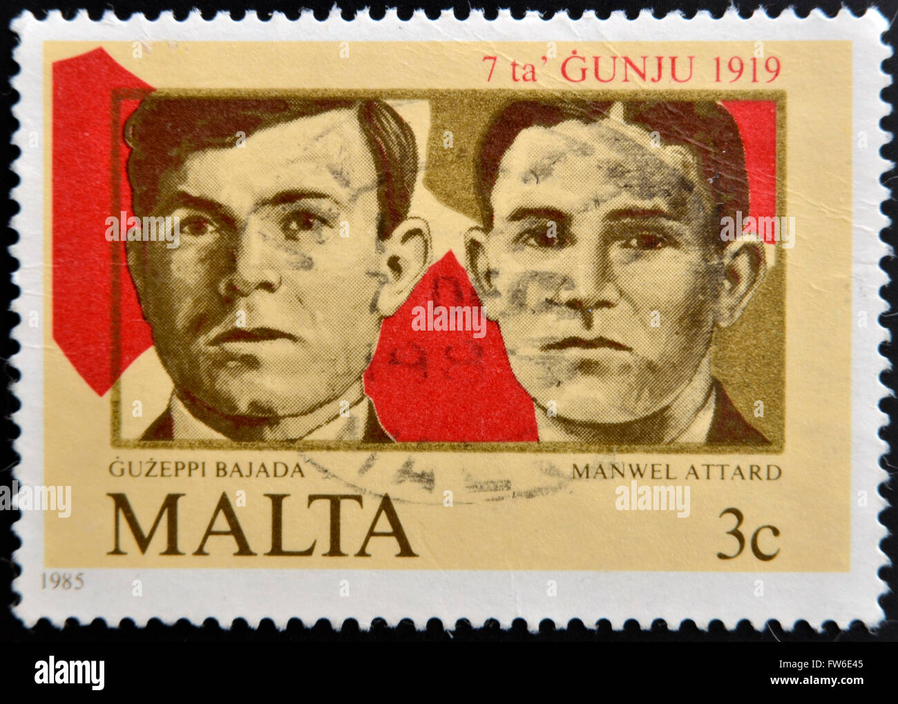 MALTA - CIRCA 1985: A stamp printed in Malta shows Guzeppi Bajada and Manwell Attard, circa 1985 Stock Photo