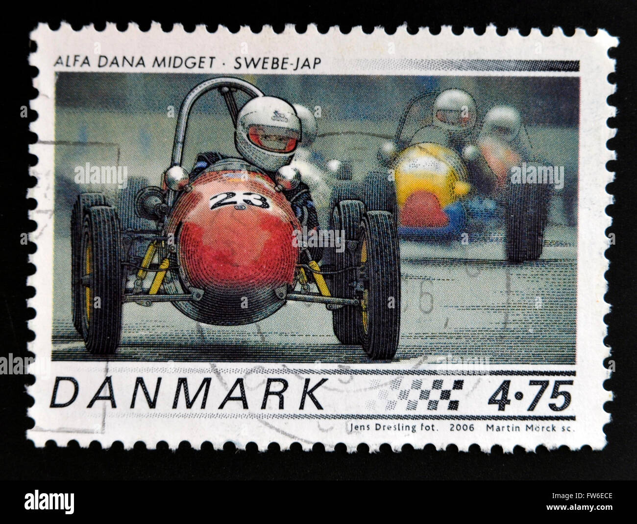 DENMARK - CIRCA 2006: A stamp printed in Denmark shows 1958 Alfa Dana Midget, Swebe - JAP, circa 2006. Stock Photo