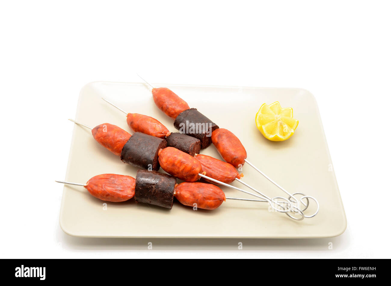 pincho of sausage and blood sausage (chorizo y morcilla) Stock Photo