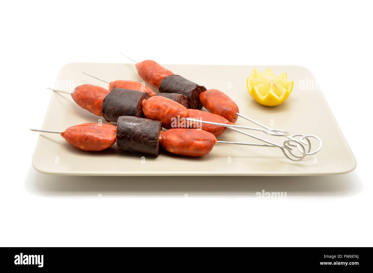 pincho of sausage and blood sausage (chorizo y morcilla) Stock Photo
