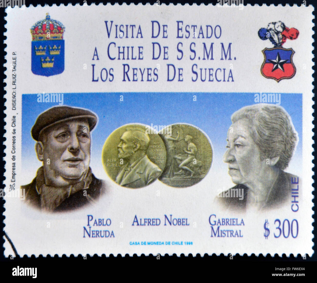CHILE - CIRCA 1996: A stamp printed in Chile dedicated to visit of the kings of Sweden, shows Pablo Neruda and Gabriela Mistral, Stock Photo