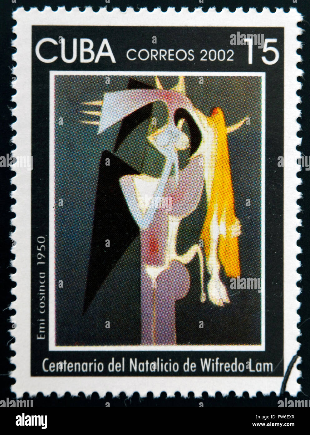 CUBA - CIRCA 2002: A stamp printed in cuba shows Emi cosinca by Wifredo Lam, circa 2002 Stock Photo