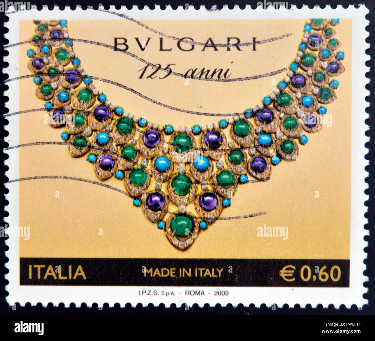 ITALY - CIRCA 2000: Stamp printed in Italy dedicated to the anniversary of the Italian brand of jewelry, Bulgari, circa 2000 Stock Photo