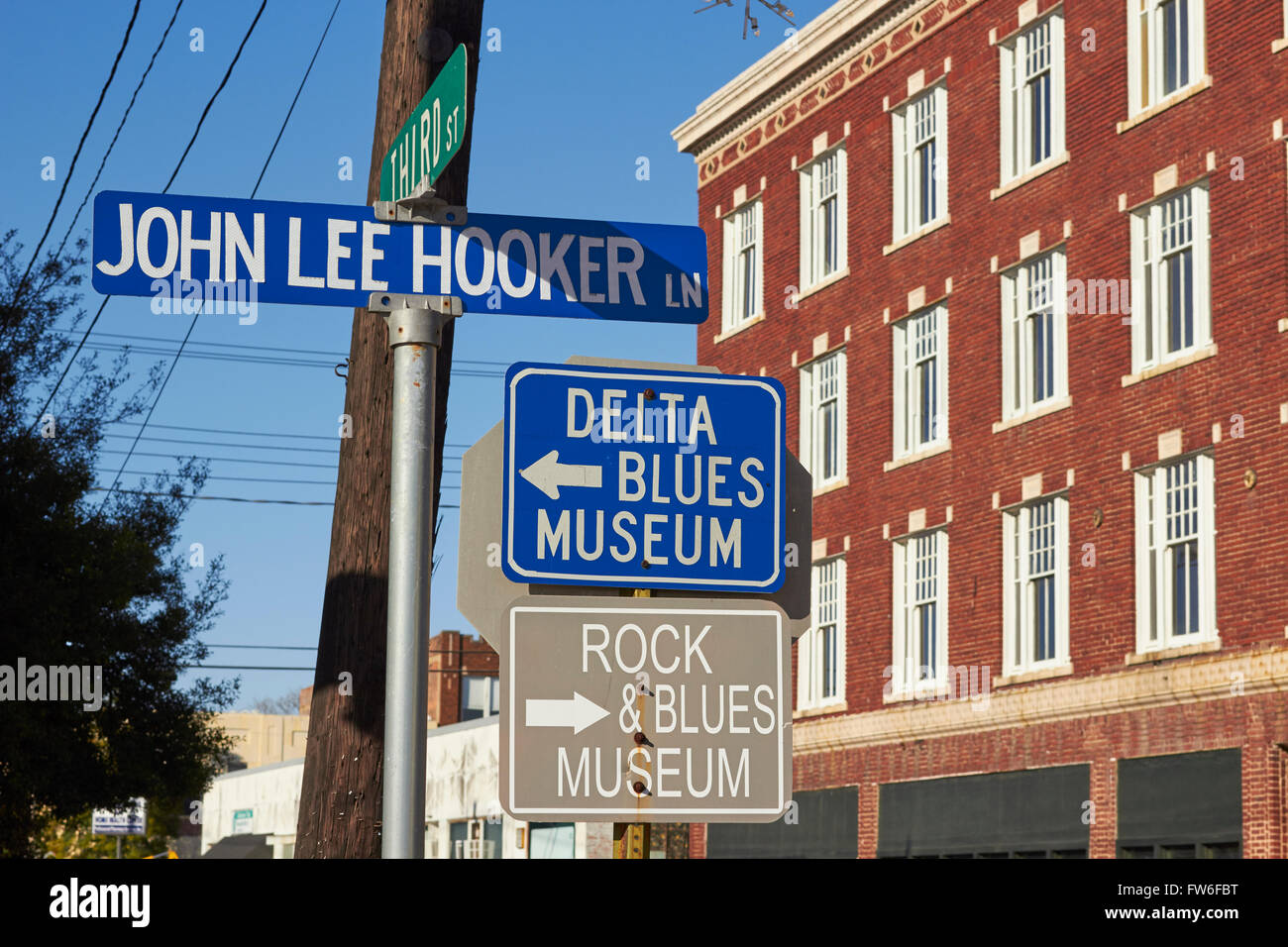 Street corner with rock and blues related signs, Clarksdale