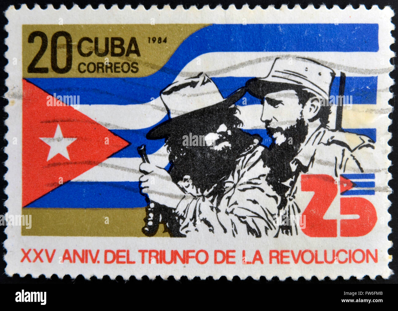CUBA - CIRCA 1984: A Stamp dedicated to 25th Anniversary of the Victory of the Cuban Revolution, shows Fidel Castro Stock Photo