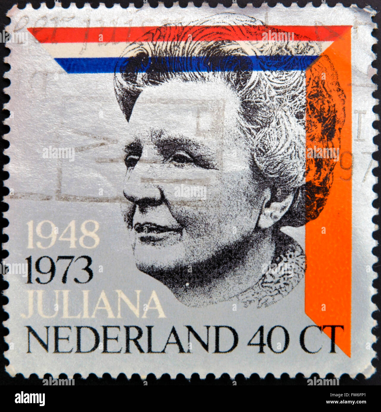 HOLLAND - CIRCA 1973: A stamp printed in the Netherlands for the silver jubilee of the reign of Queen Juliana, circa 1973 Stock Photo