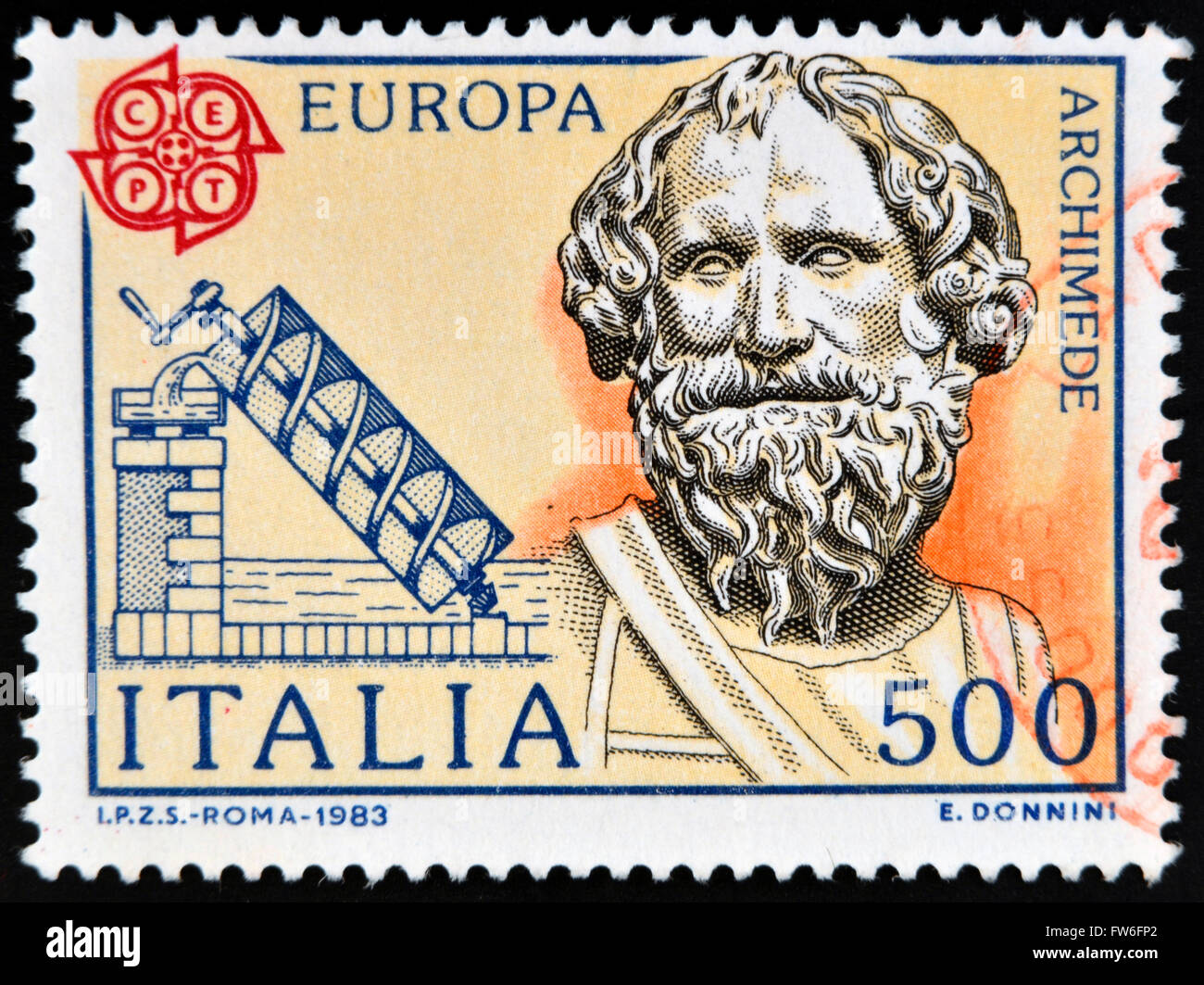 ITALY - CIRCA 1983: stamp printed in Italy shows Archimedes and his screw, circa 1983 Stock Photo