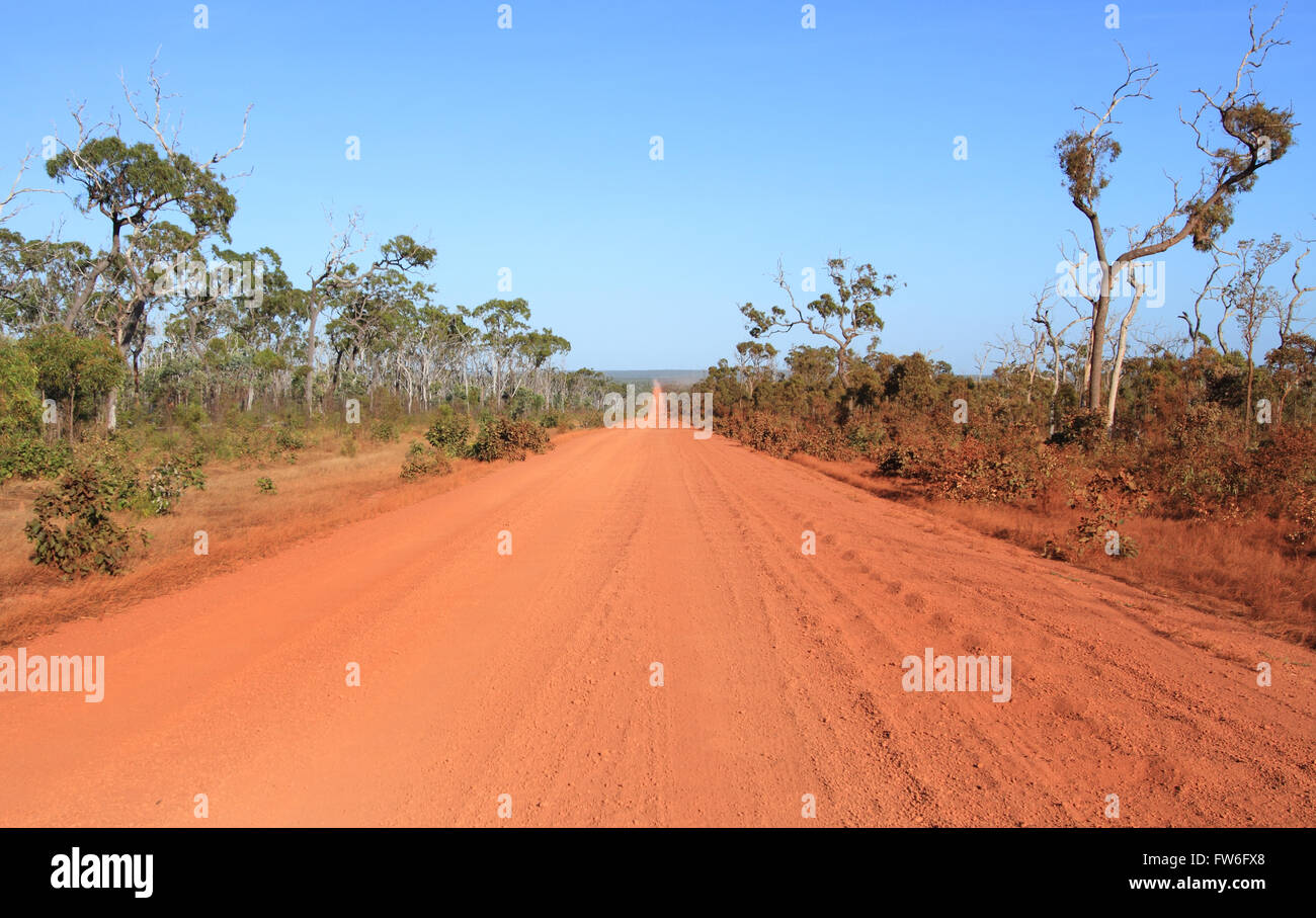 A straight section of red dirt outback road on the Cape York Peninsula with corrugation. Stock Photo
