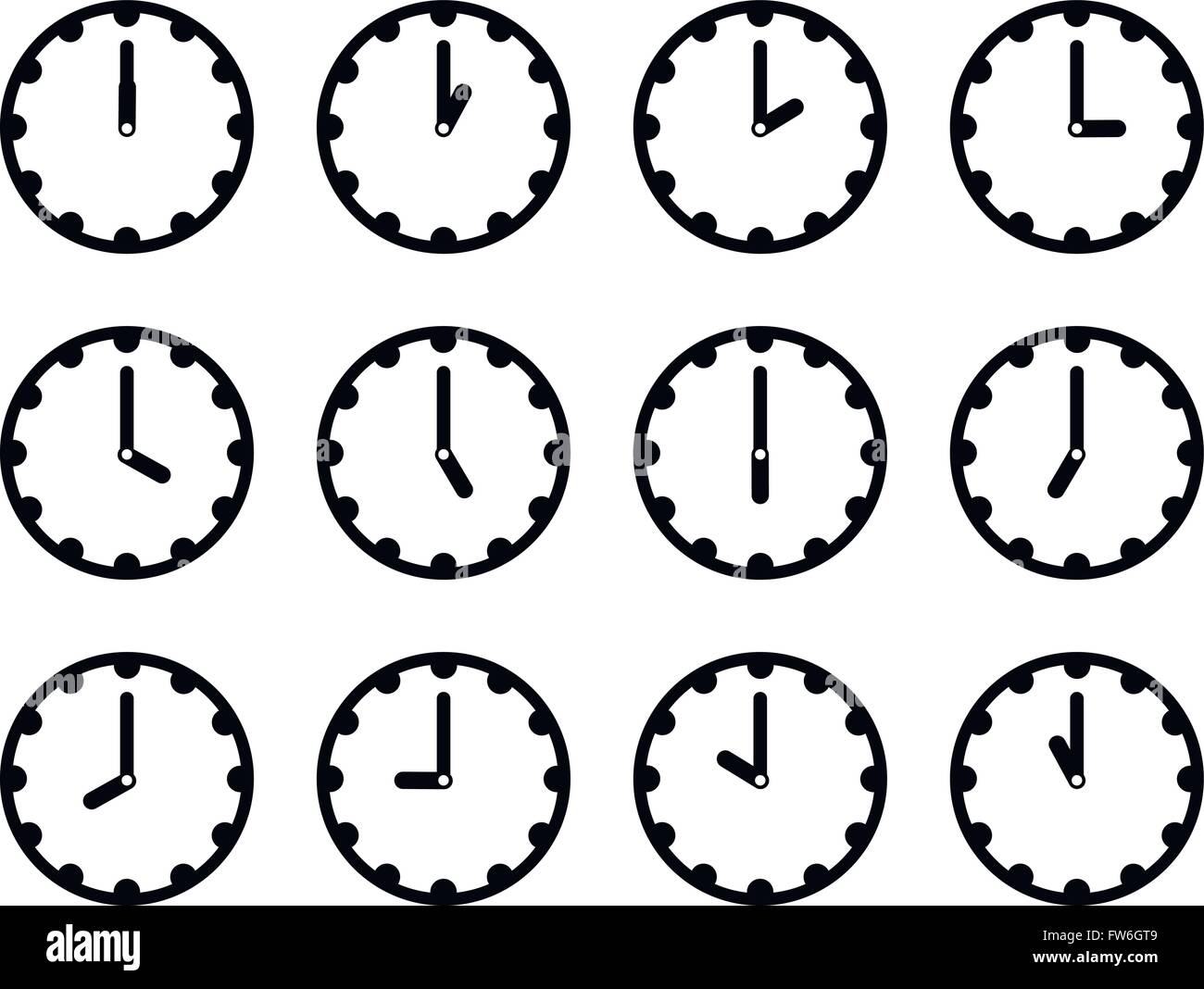 Set of clock faces simple black icons for every hour on white Stock