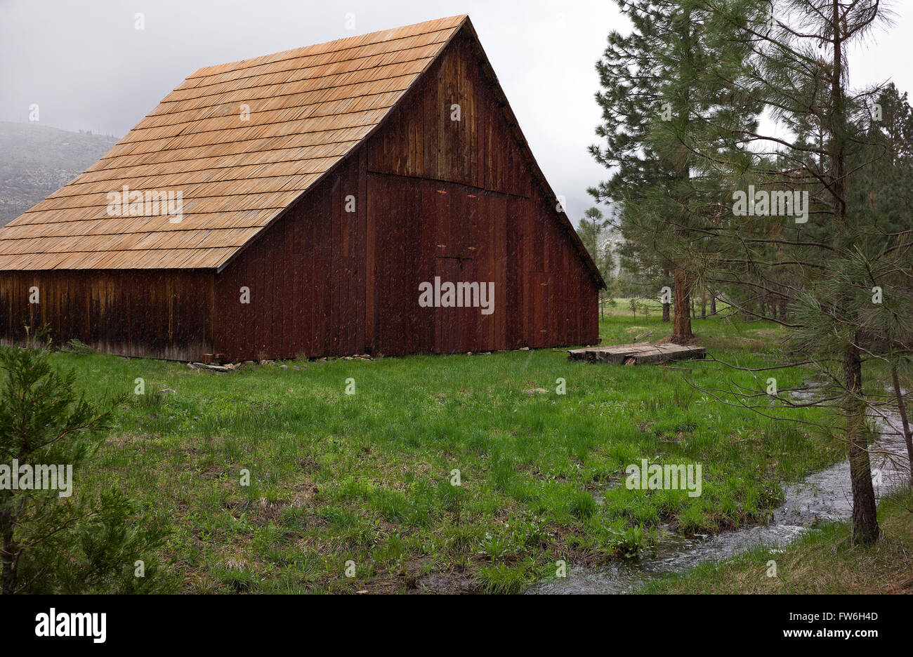 The McCauley and Meyer Barns in Yosemite National Park are the last barns in the park that retain their original characteristics Stock Photo