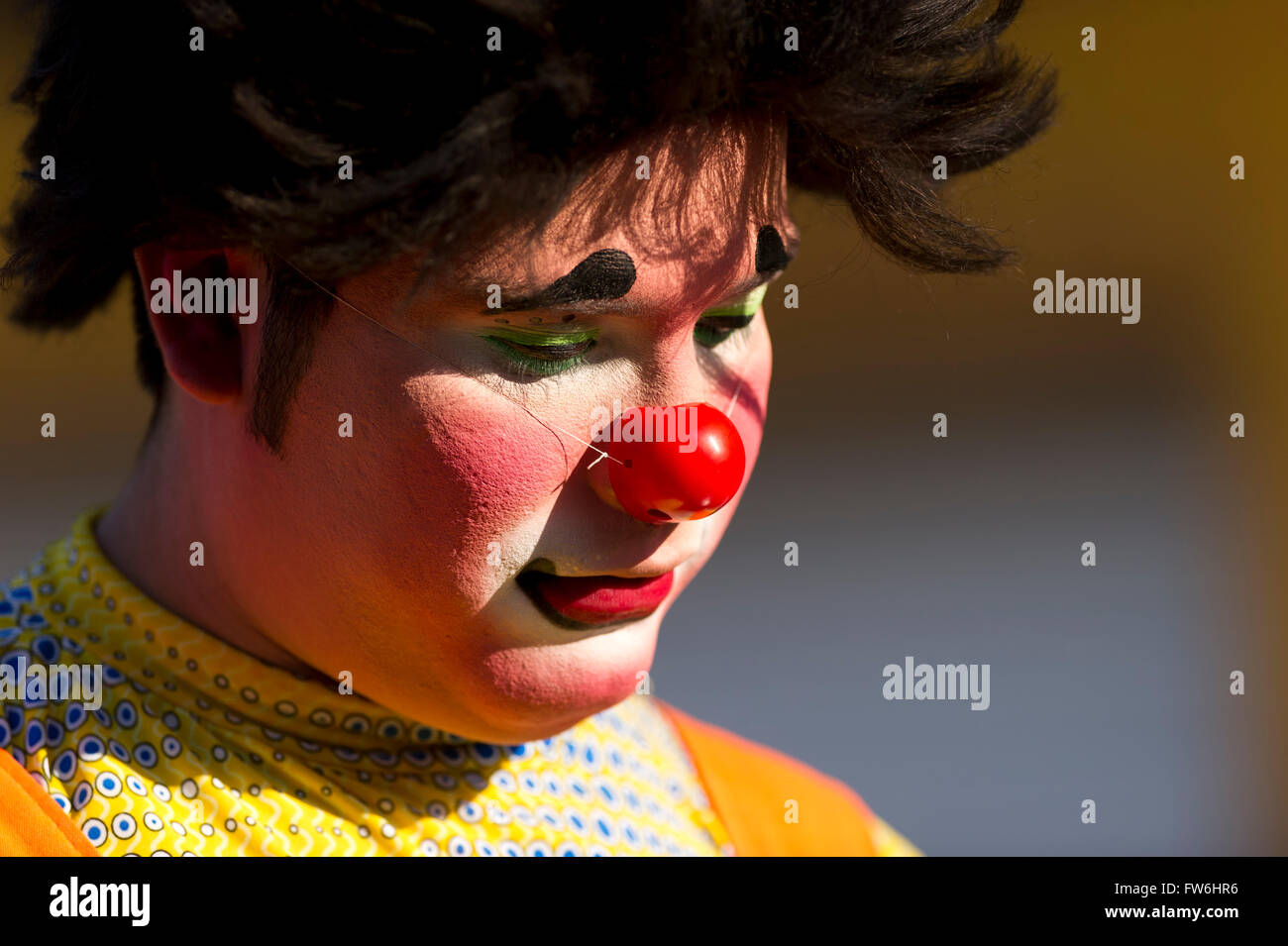 Clown face is a colorfully made up clown with a bright red nose and dark curly hair looking festive. Stock Photo