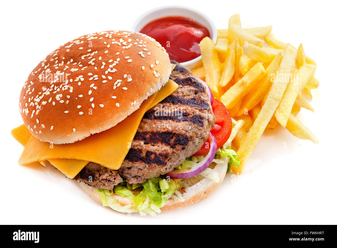 Cheeseburger with French fries Stock Photo
