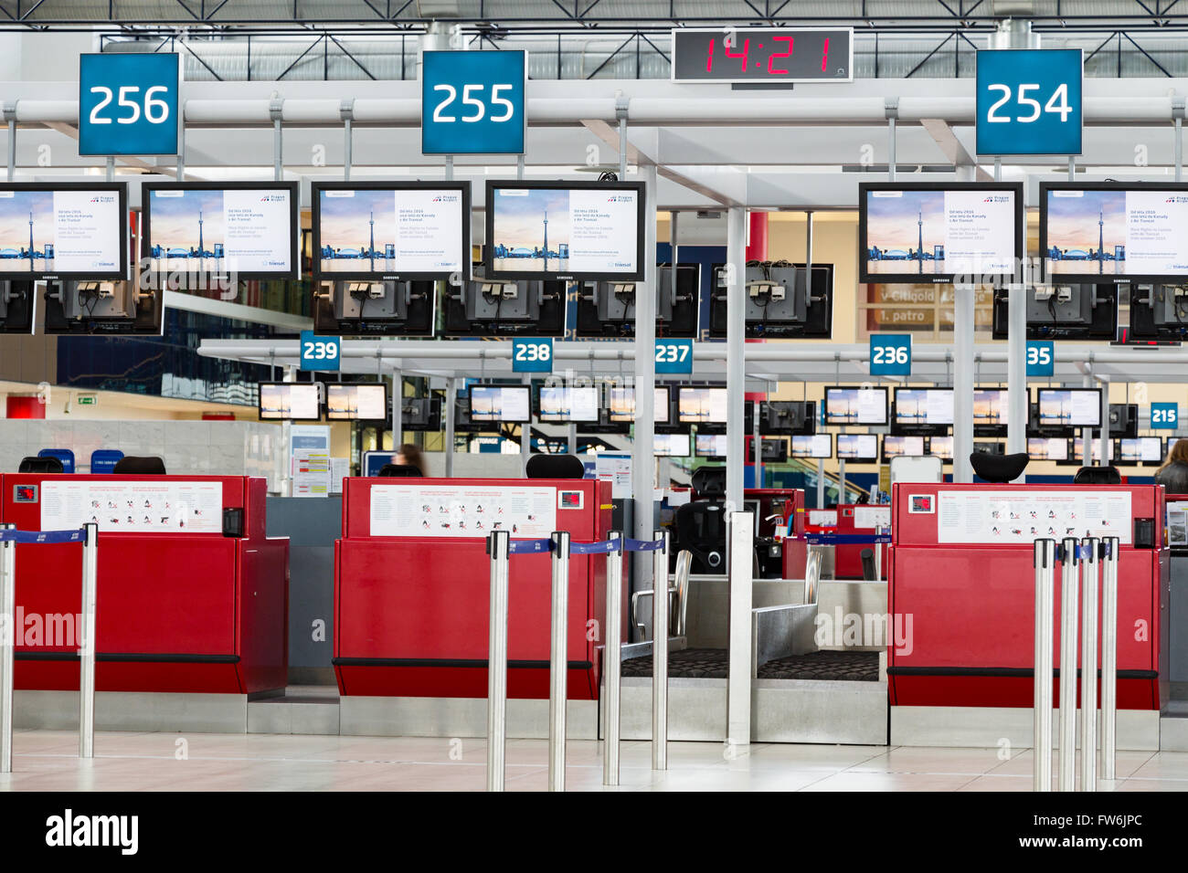 Departures hall of Vaclav Havel Airport Prague on February 10,2016. Prague Airport is the operator of the most important interna Stock Photo