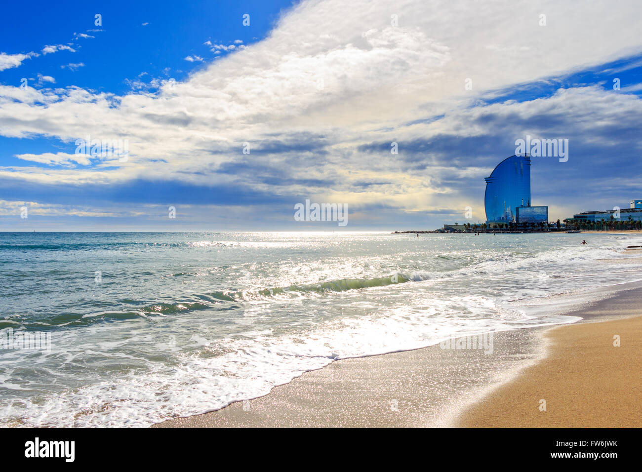 View of Barceloneta Beach in Barcelona, Spain. It is one of the most ...