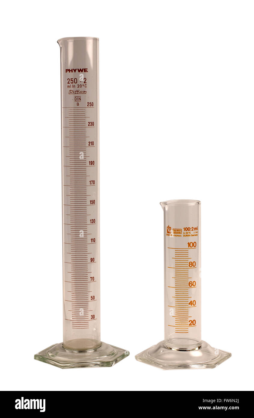 two measuring cylinders for laboratory on a white background cutout
