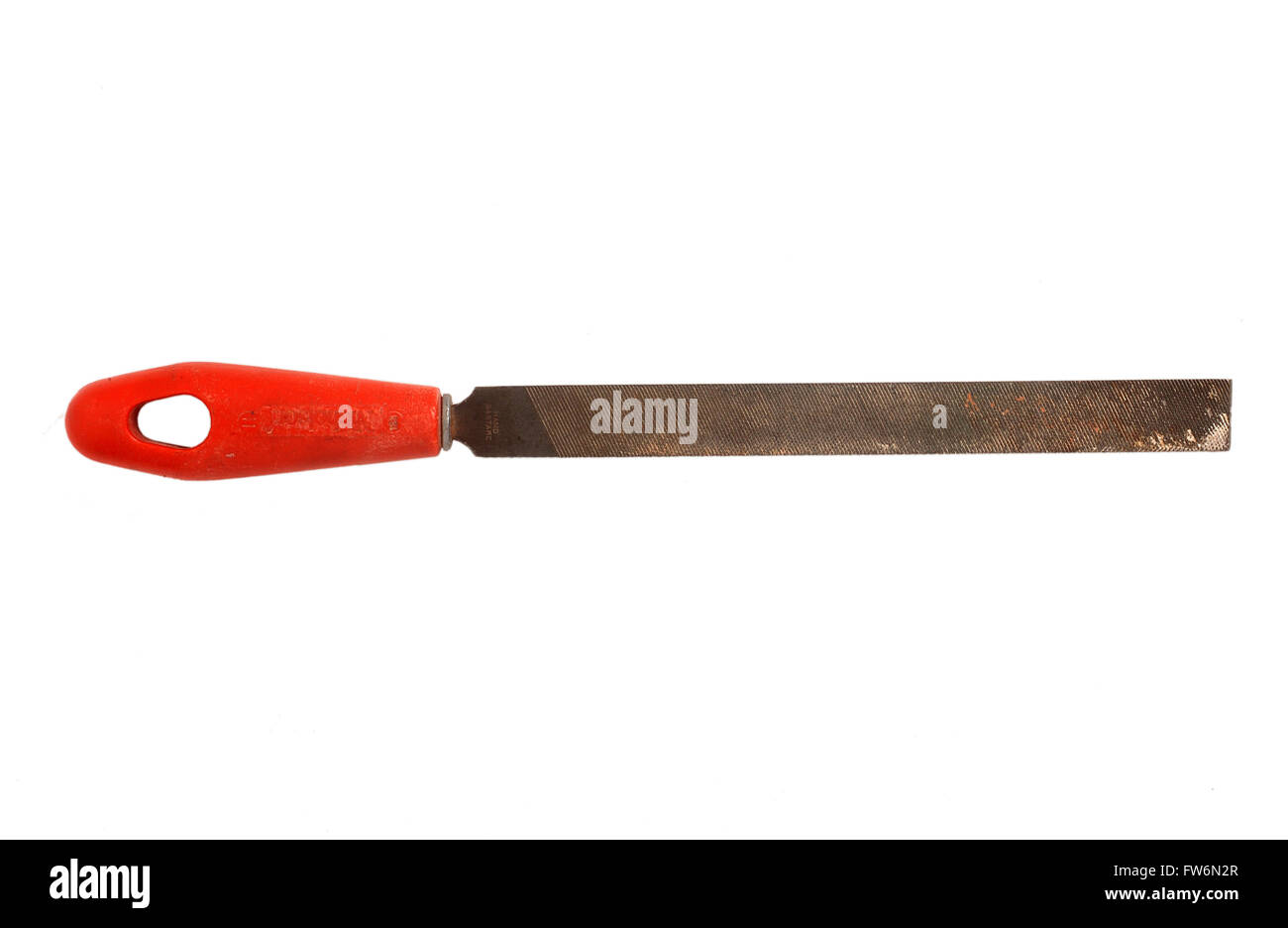 metal file with red handle on a white background cutout Stock Photo Alamy