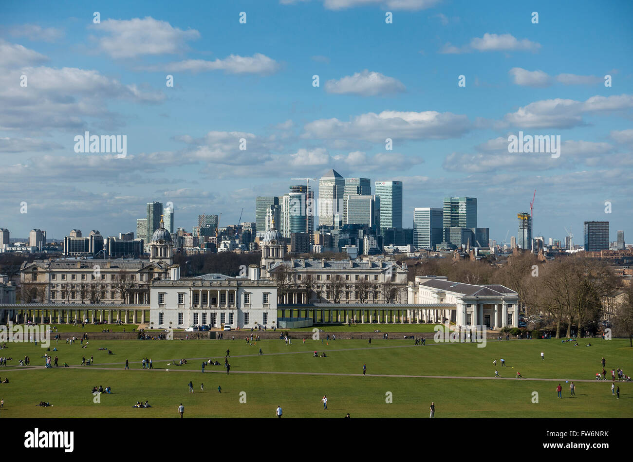 Royal navy college, Canary Whar,f, Greenwich park  from Greenwich historic Royal observatory Stock Photo