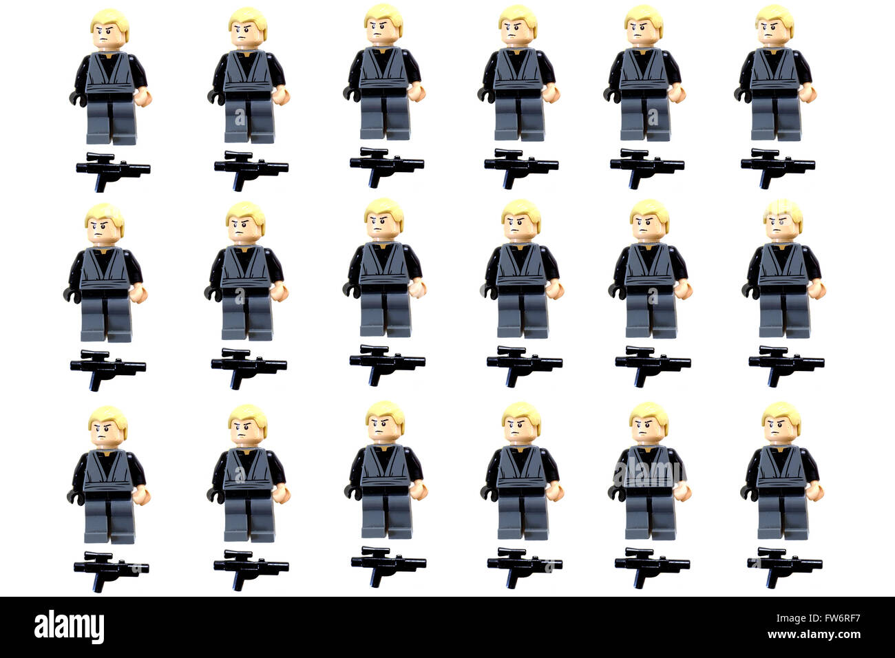 A grid of Lego Star Wars Luke Skywalker figures photographed against a white background. Stock Photo