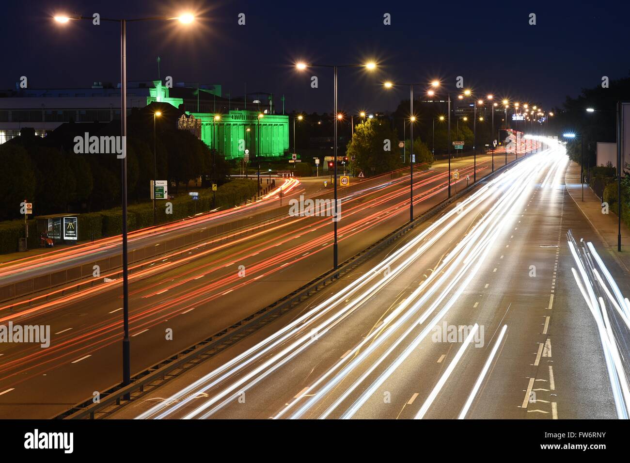 Light trails on A40, Hoover building Stock Photo