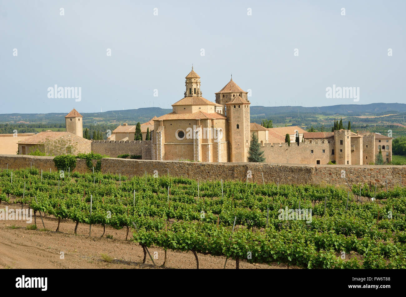 Poblet Monastery in the middle of vineyards Stock Photo
