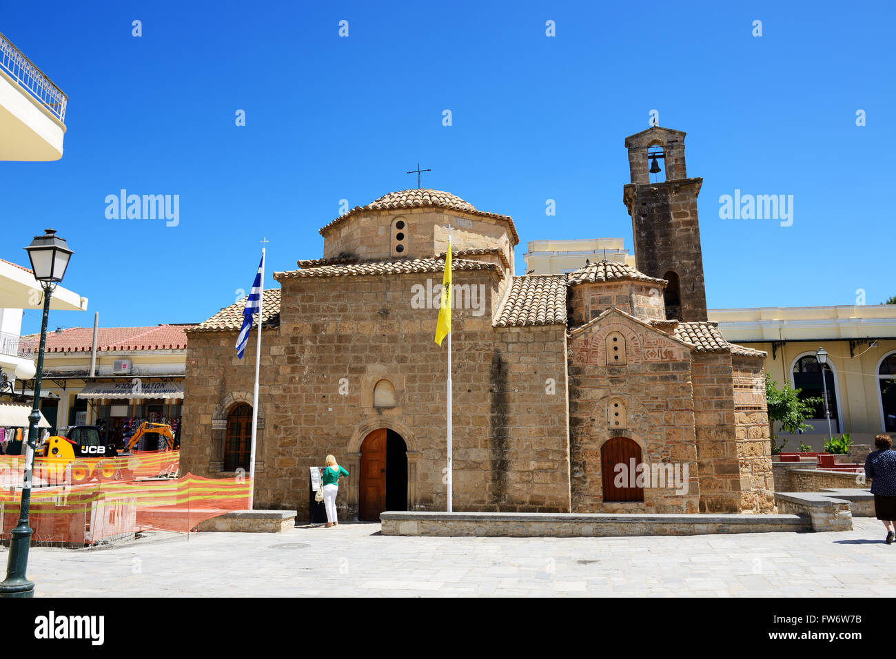 The Byzantine-era Church of the Holy Apostles and tourists in Kalamata city, Messinia, Greece Stock Photo