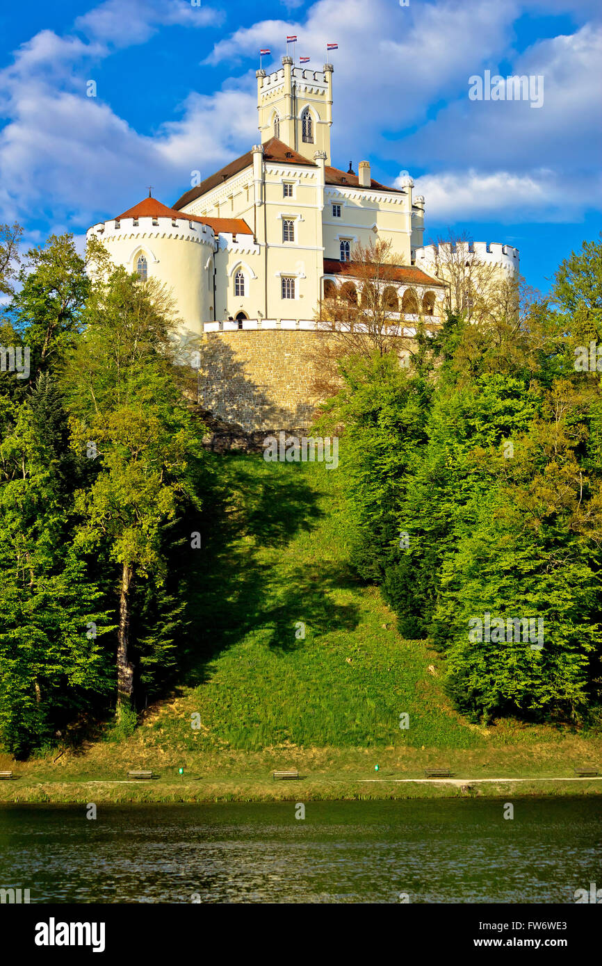 Trakoscan castle and green lake  vertical view, Zagorje, Croatia Stock Photo