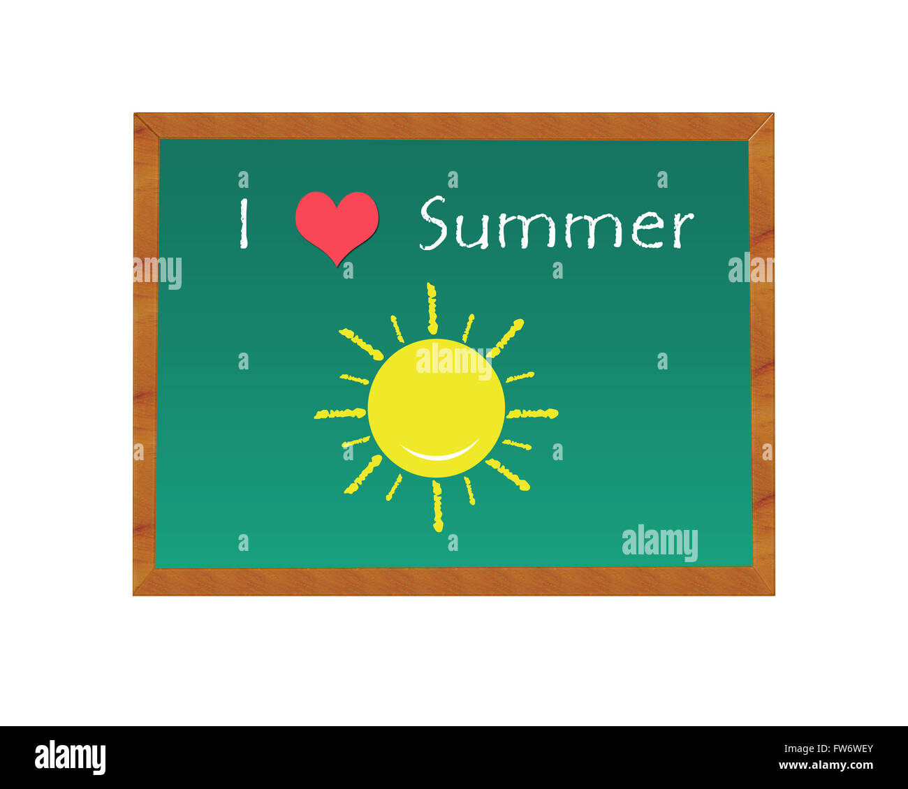Blackboard with Love Summer image with a heart and a yellow sun Stock Photo