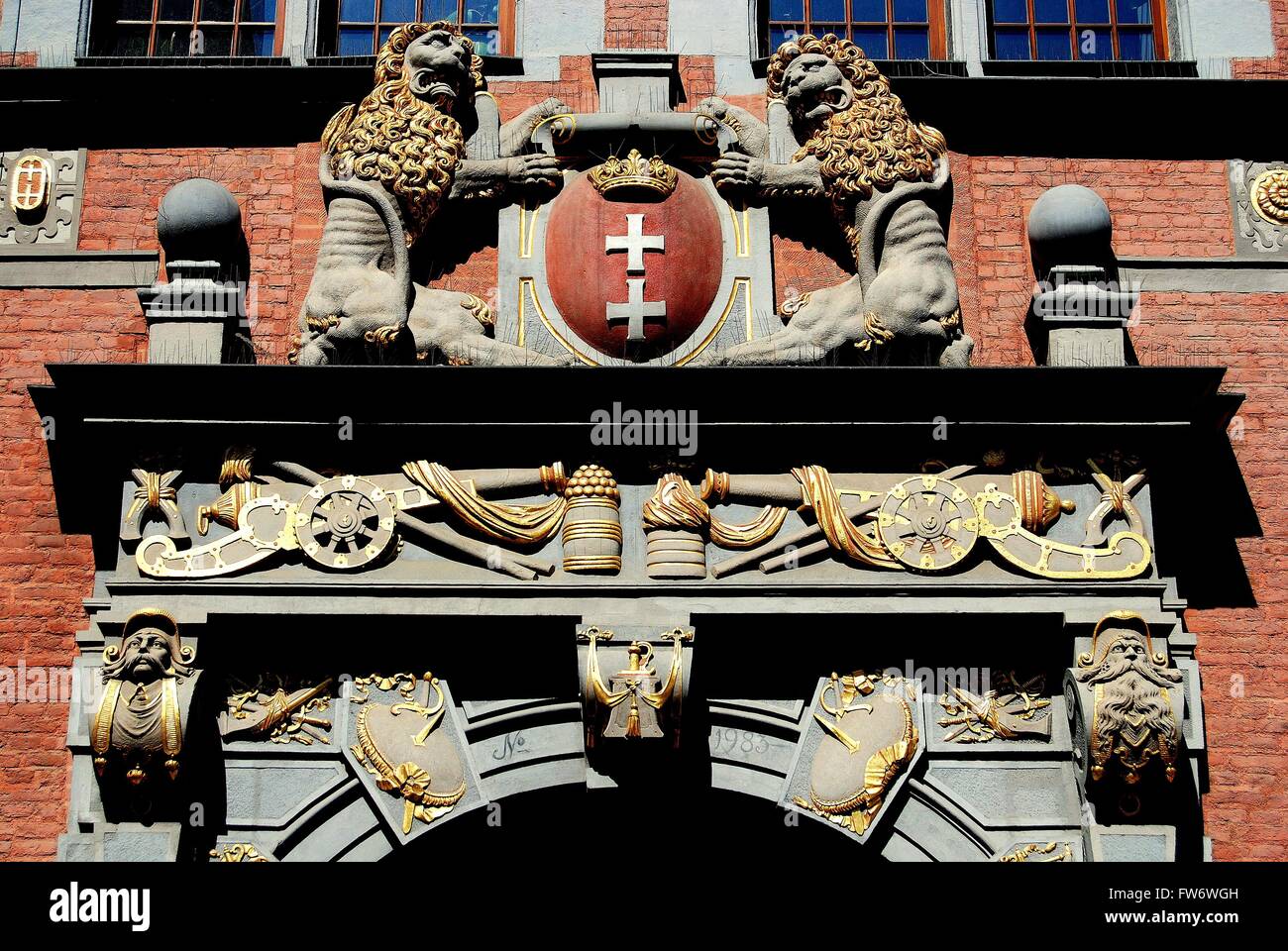 Gdansk, Poland:  Detail of doorway at the 1600-09 Arsenal featuring double lions and cannons Stock Photo