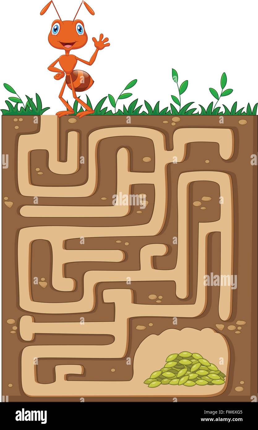 Help ant to find way to food grains in an underground maze Stock Vector