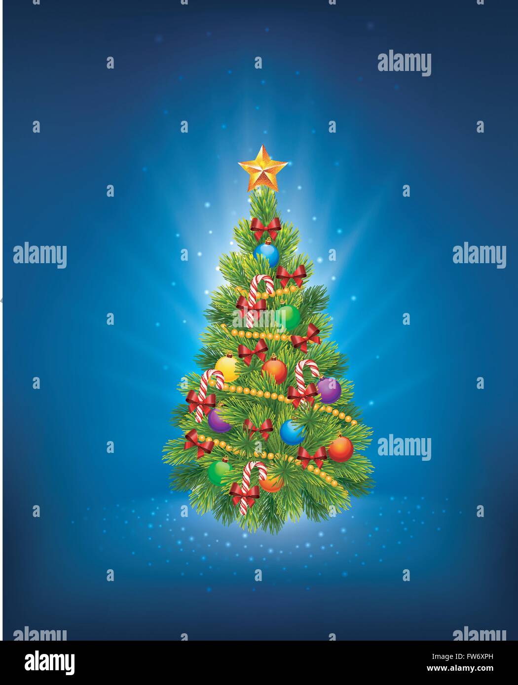 Illustration of decorated Christmas tree on a blue background Stock ...