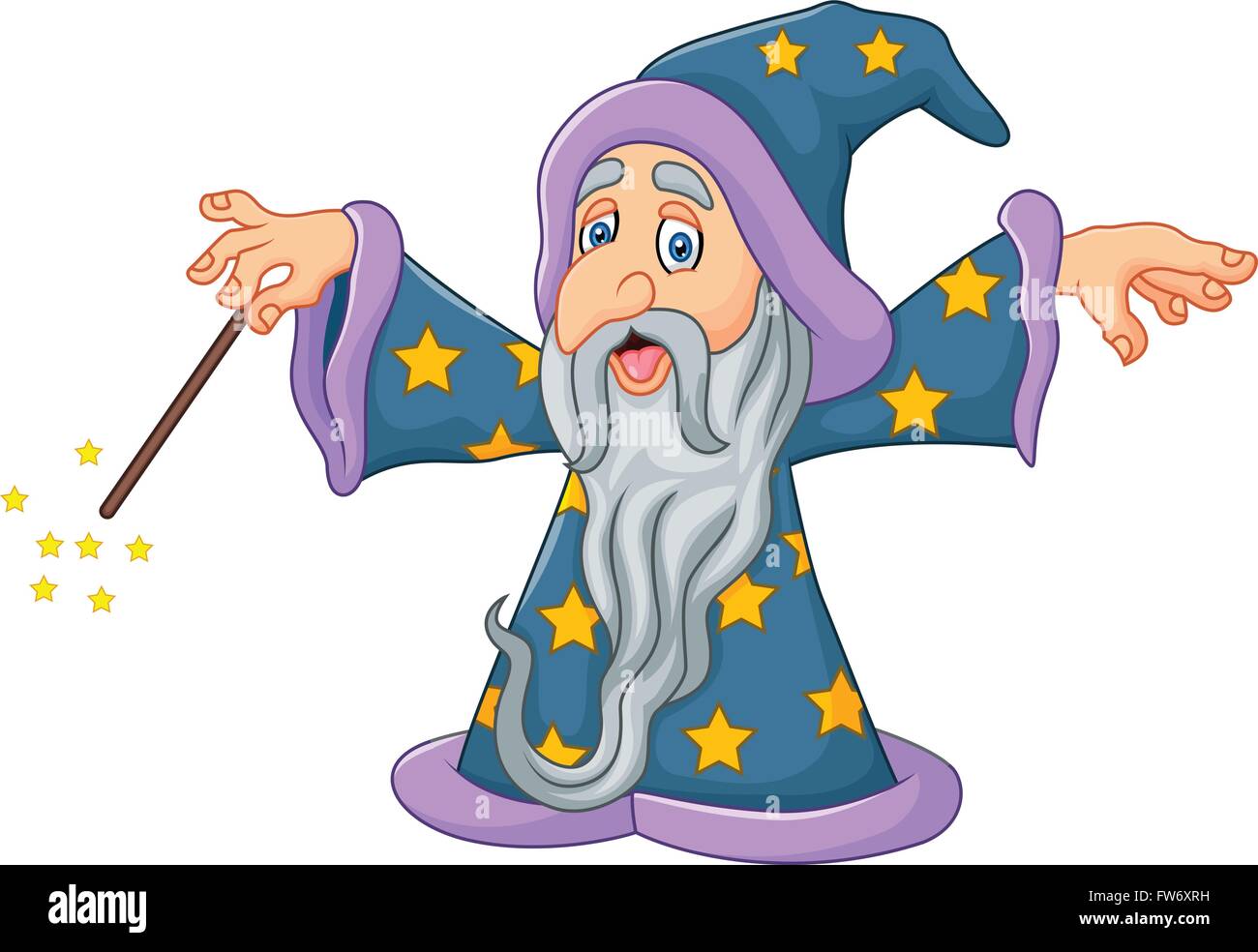 Cartoon wizard is waving his magic wand isolated on white background Stock Vector