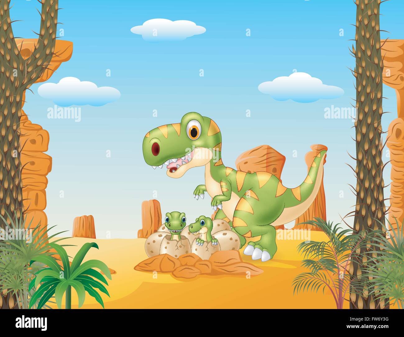 Cartoon Mother and baby dinosaur hatching with the desert background ...