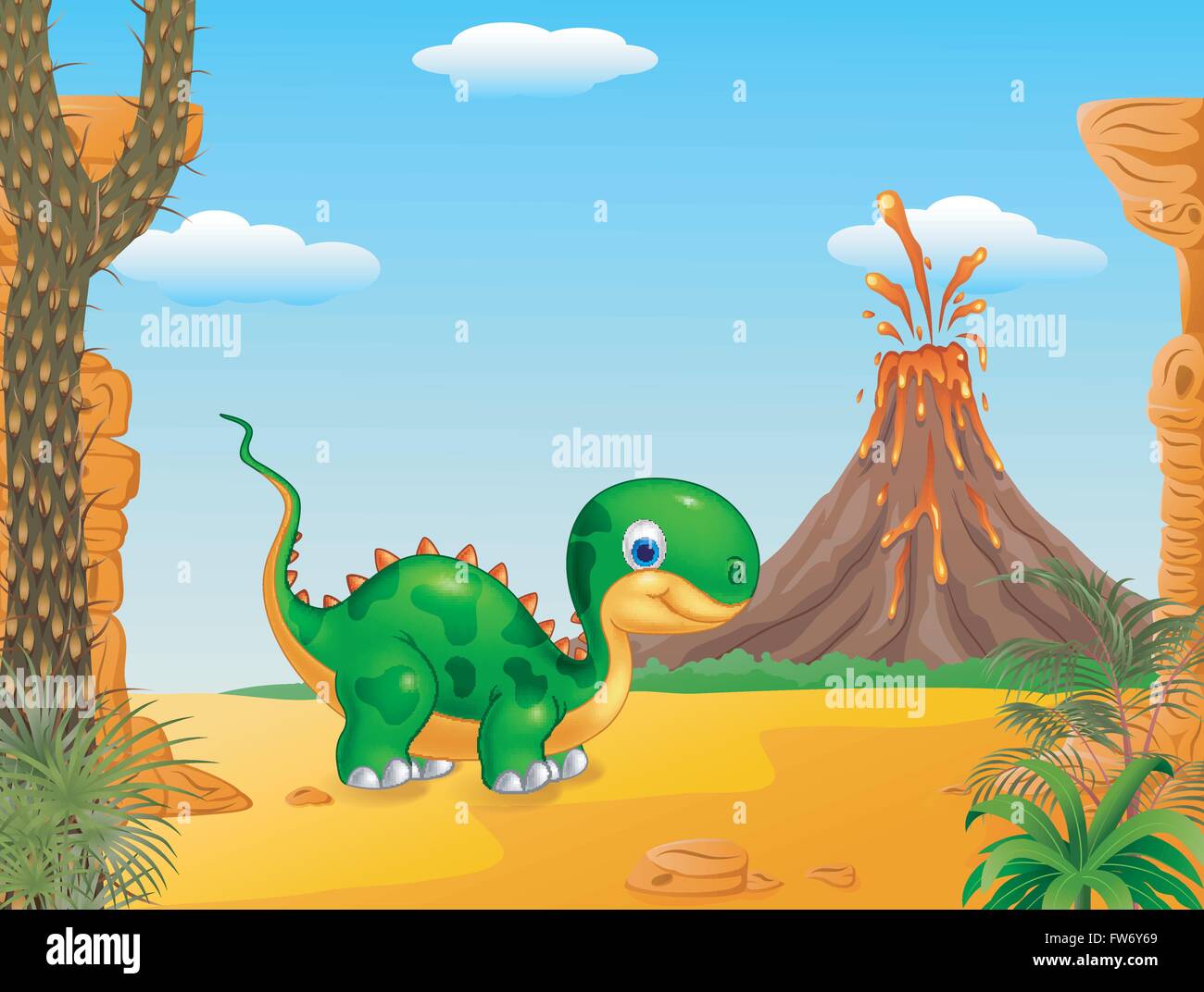 Cute Baby Dinosaur With Prehistoric Background Stock Vector Art