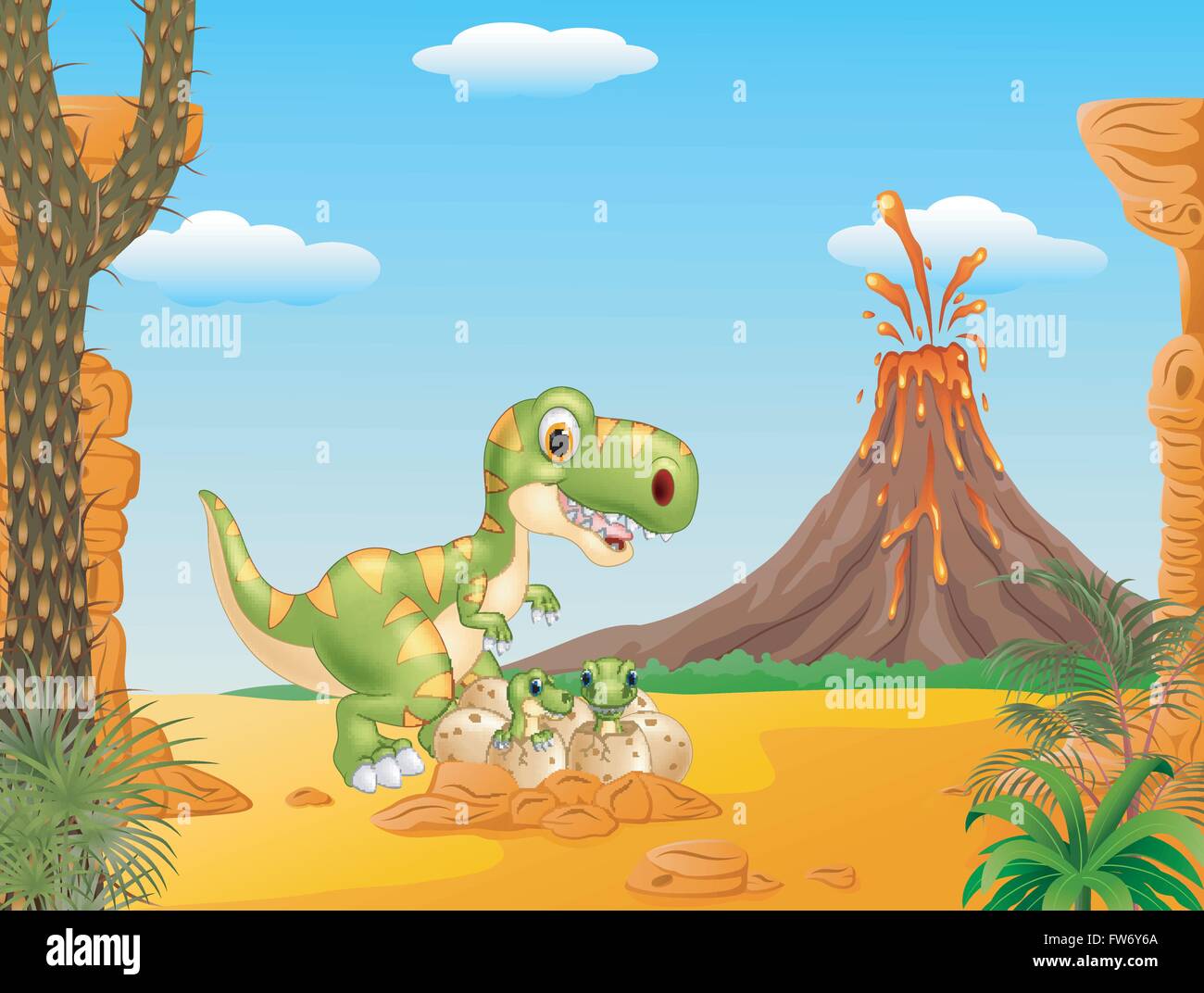 Cartoon Mother and baby dinosaur hatching with the prehistoric ...