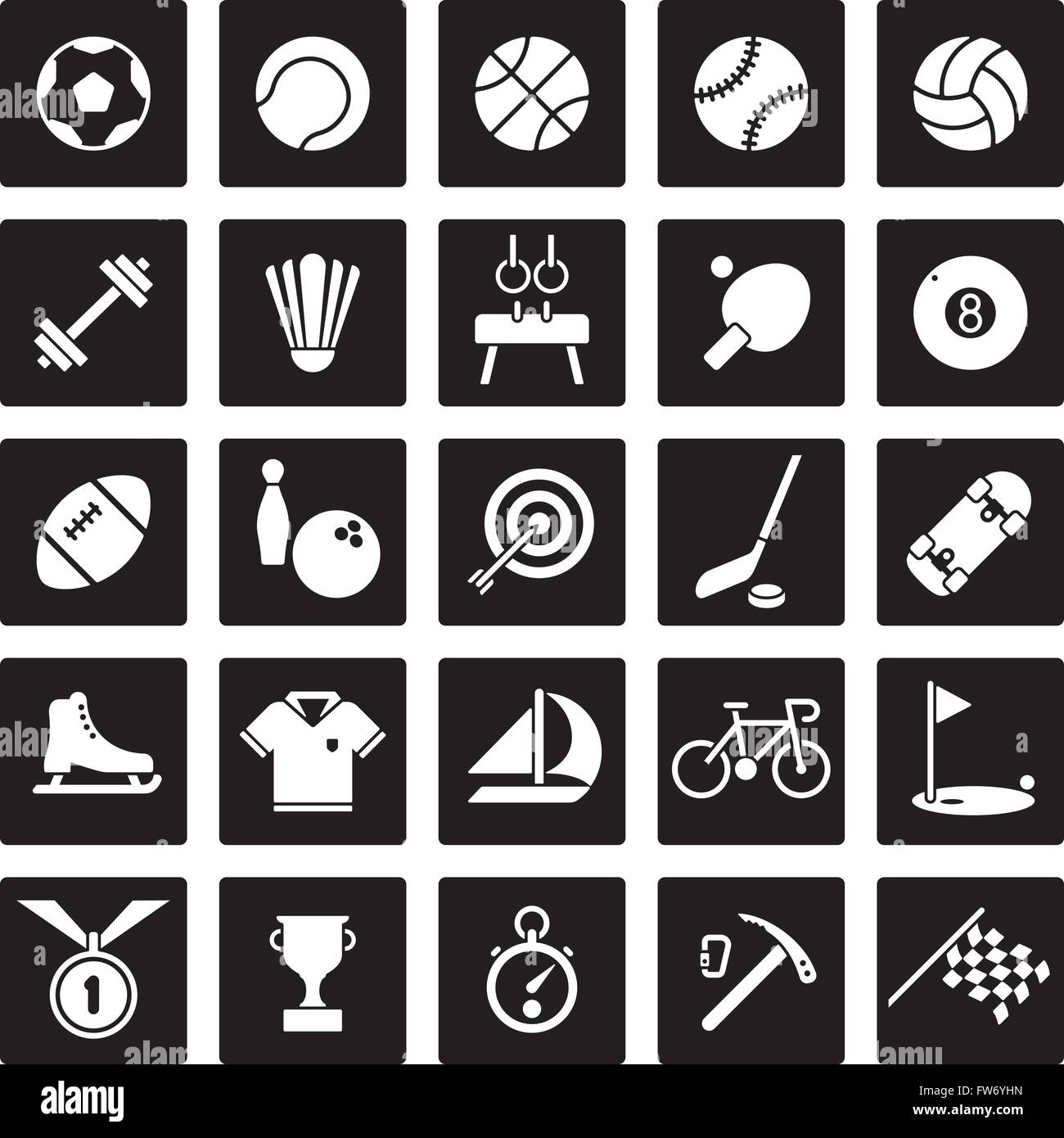 Sports glyph icons set, negative in black squares Stock Vector