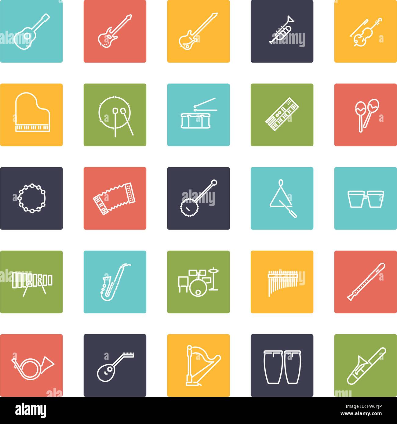 Musical Instruments Line Icon Set, negative in colored squares Stock ...