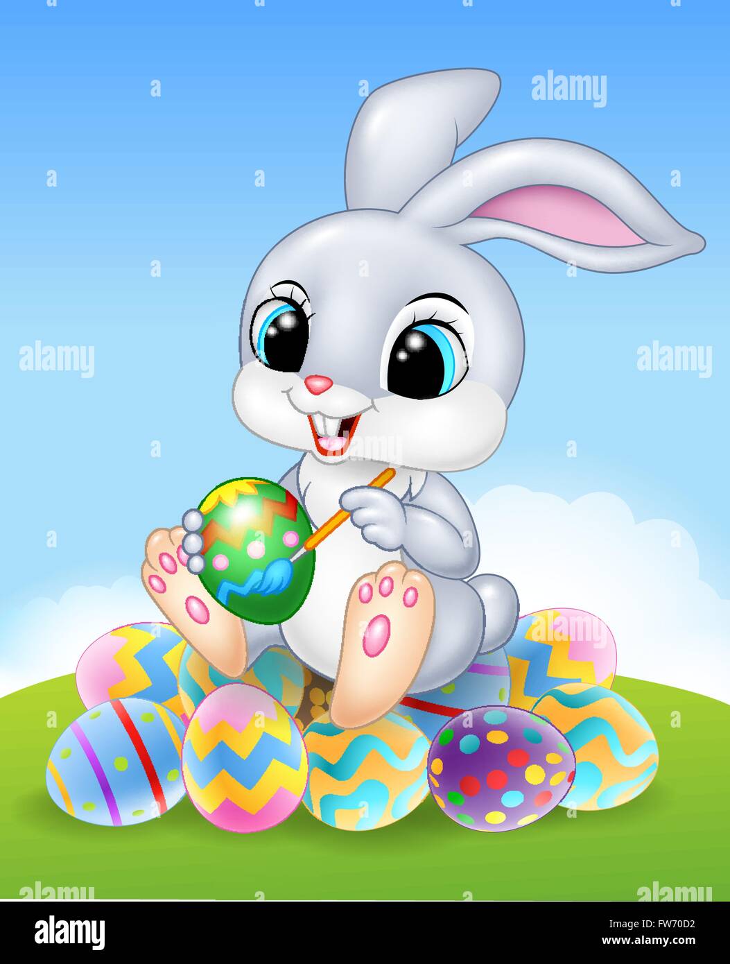 Cartoon Easter Bunny painting an egg on the easter eggs Stock Vector ...