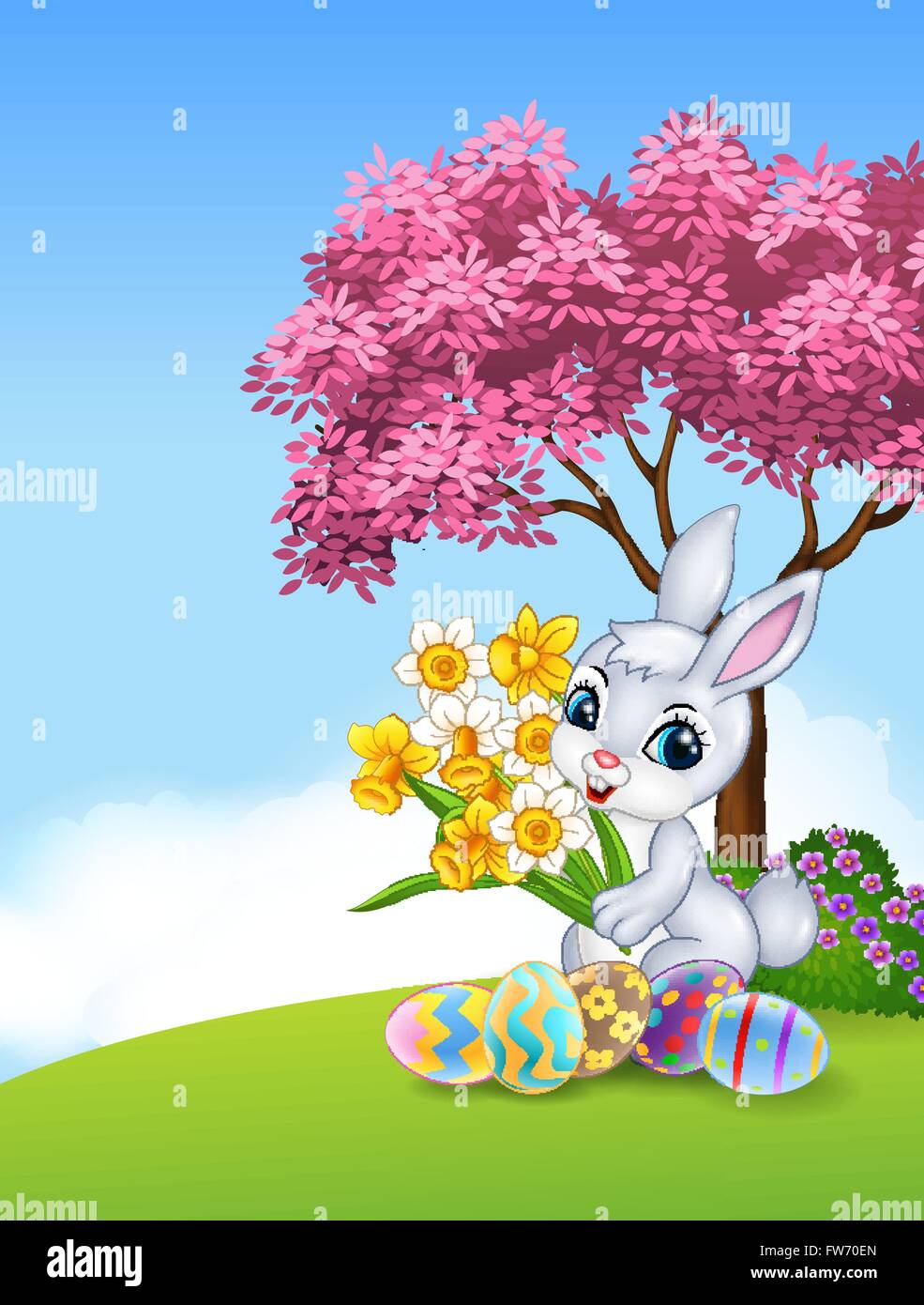Cartoon bunny holding flower with colorful Easter eggs Stock Vector