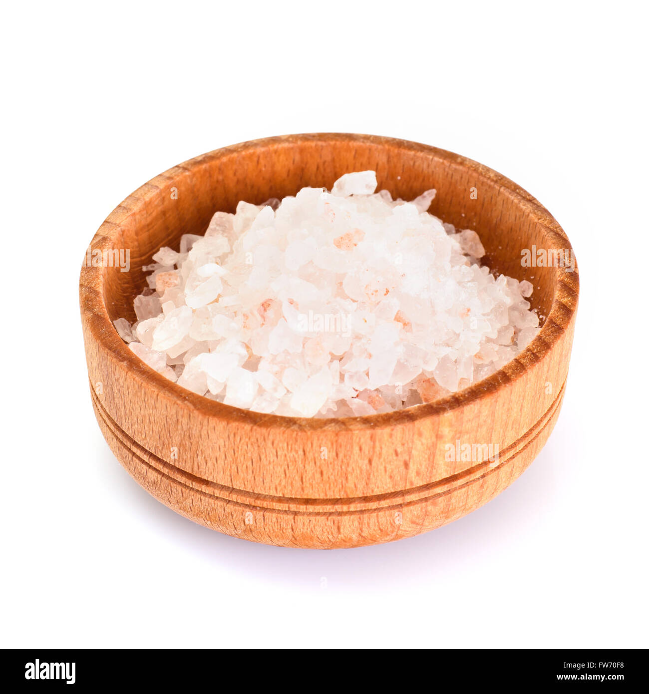 Pink Salt in Wooden Bowl Isolated on White Background Stock Photo